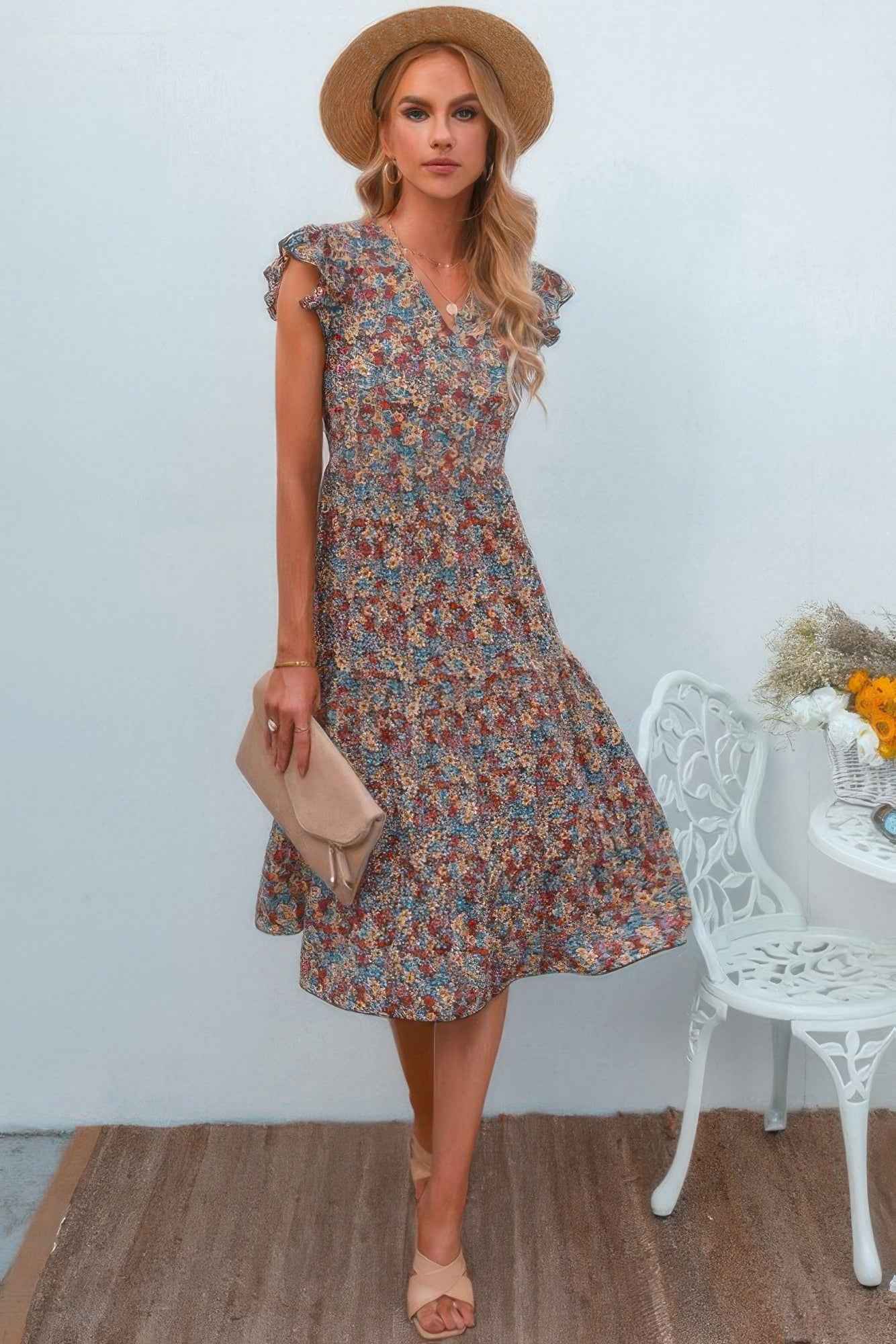 Boho Floral V Neck Ruffle Sleeve A Line Midi Dress