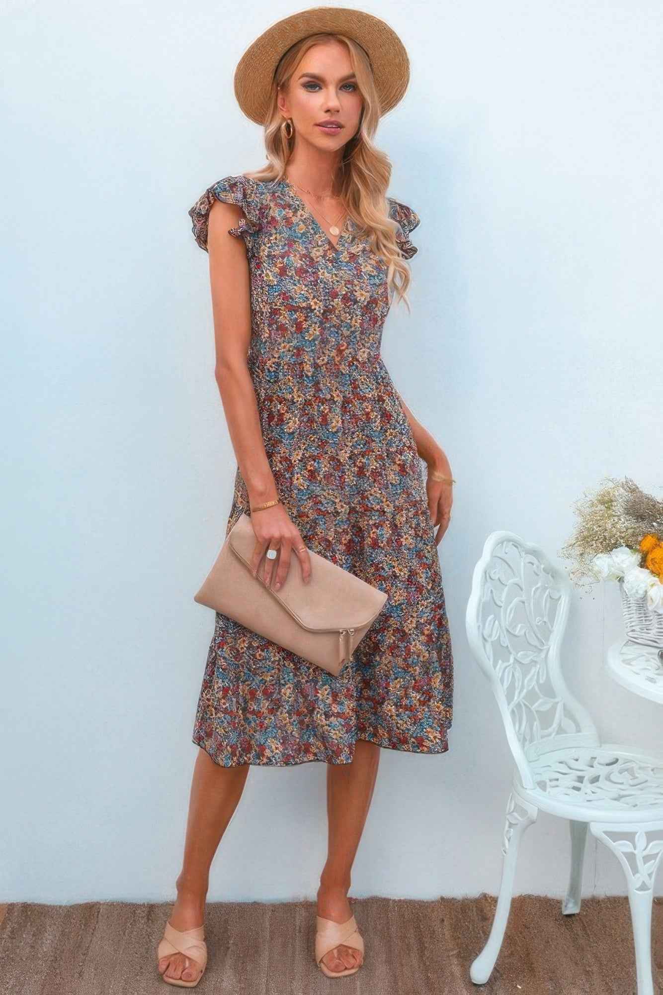 Boho Floral V Neck Ruffle Sleeve A Line Midi Dress