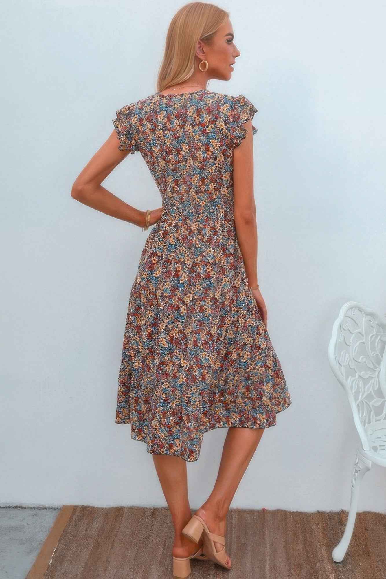 Boho Floral V Neck Ruffle Sleeve A Line Midi Dress