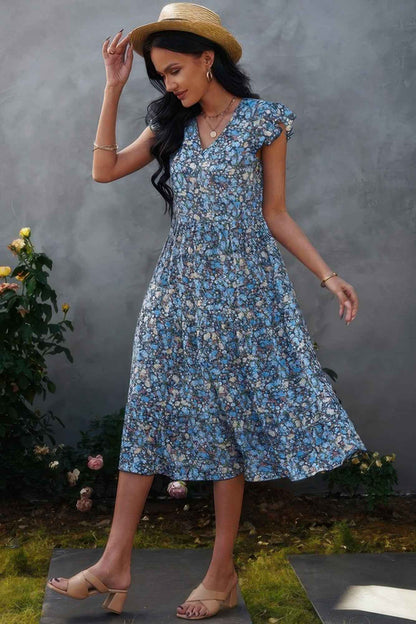 Boho Floral V Neck Ruffle Sleeve A Line Midi Dress
