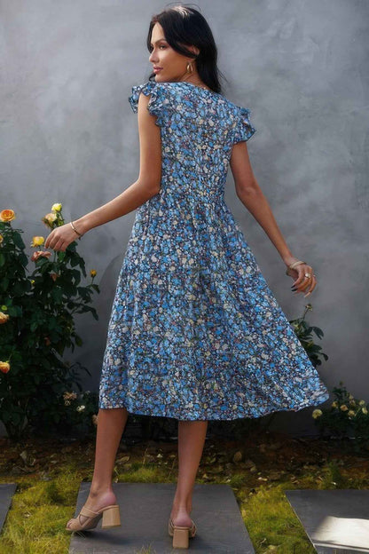 Boho Floral V Neck Ruffle Sleeve A Line Midi Dress