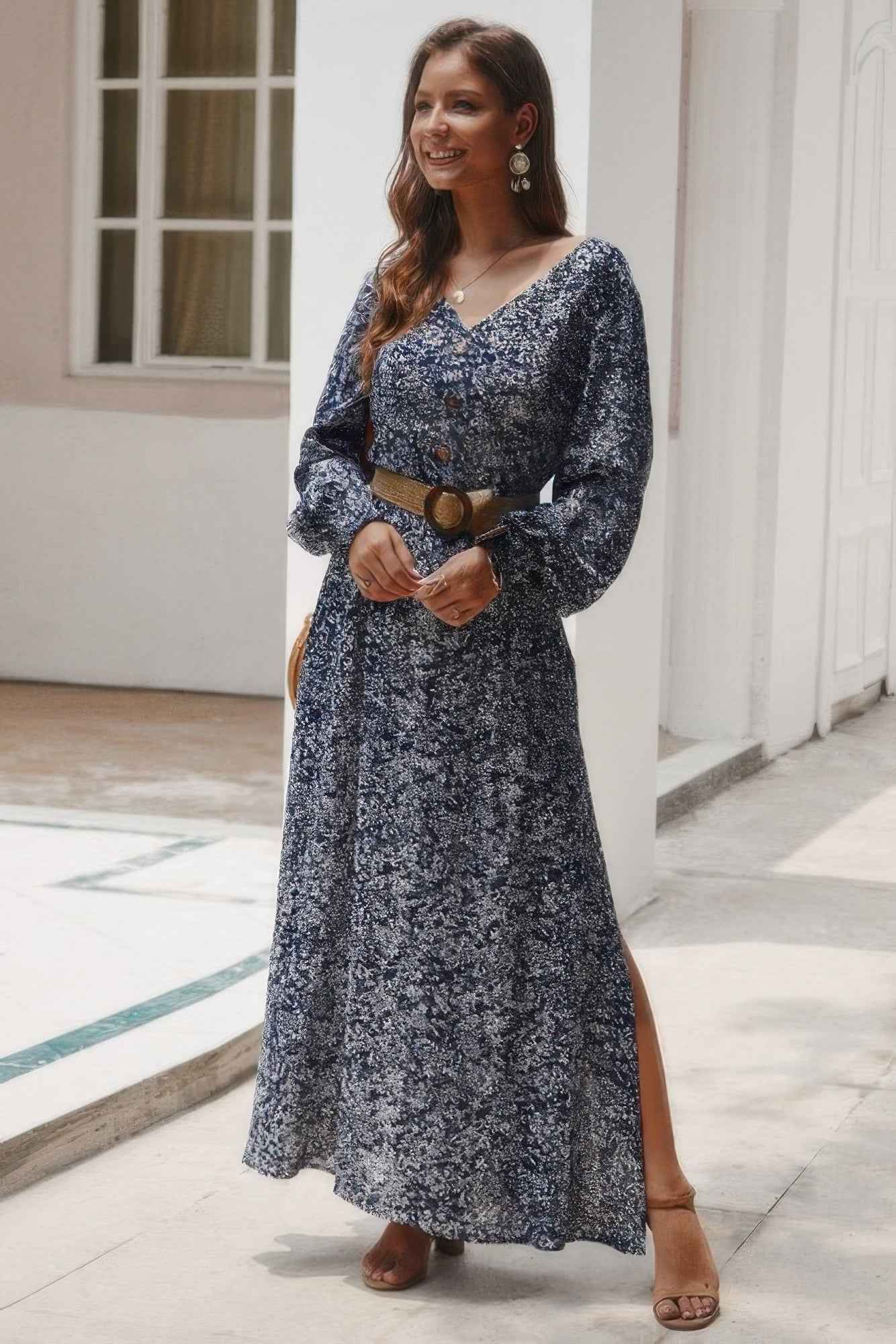 Floral V Neck Long Sleeve Full Dress