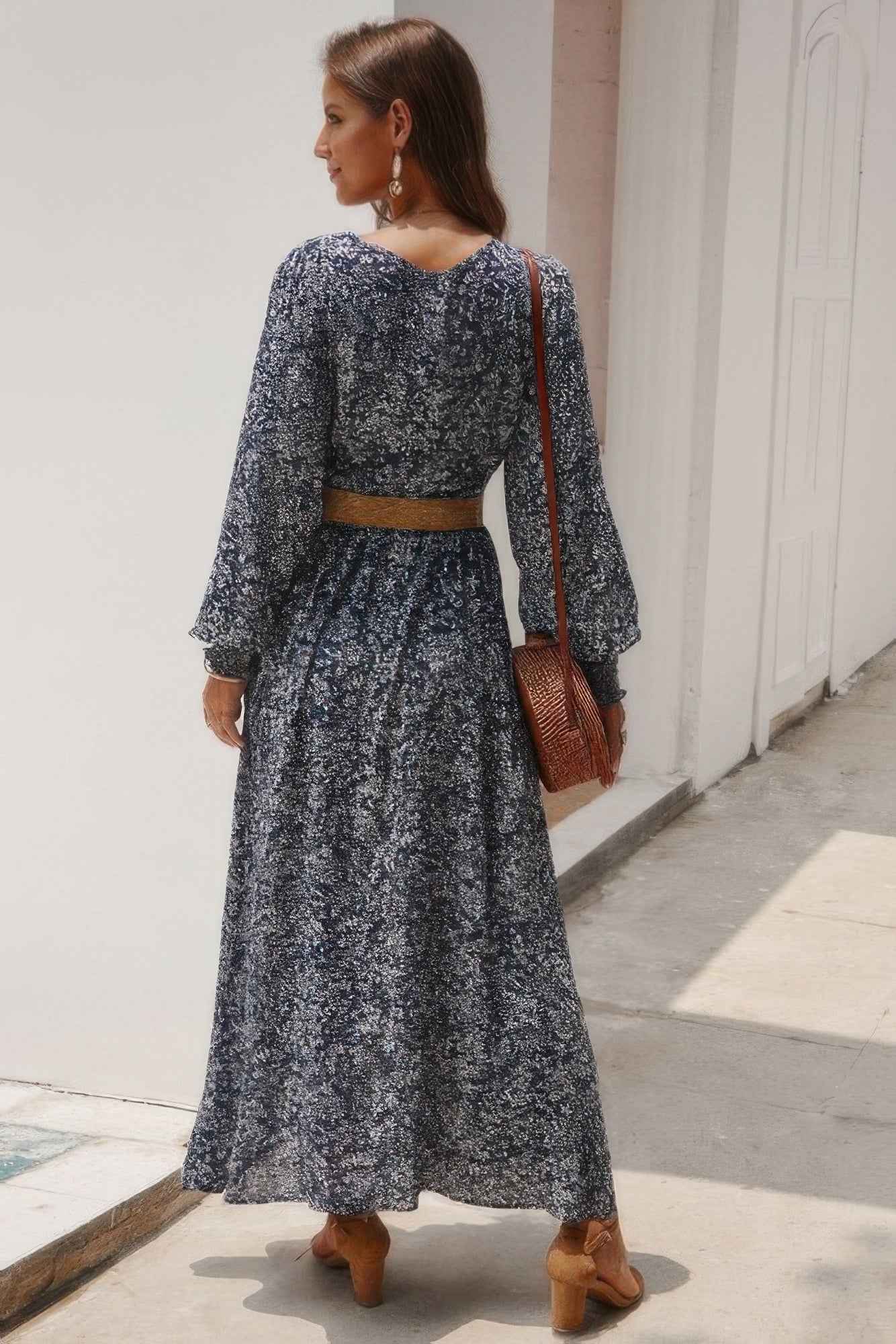 Floral V Neck Long Sleeve Full Dress