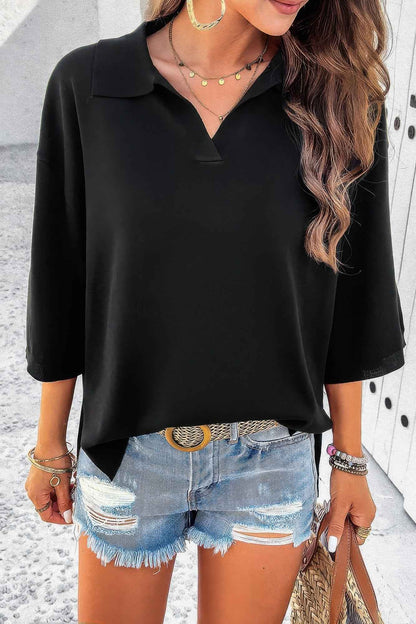 Solid Notched Collar V Neck Knit Short Sleeve Swea
