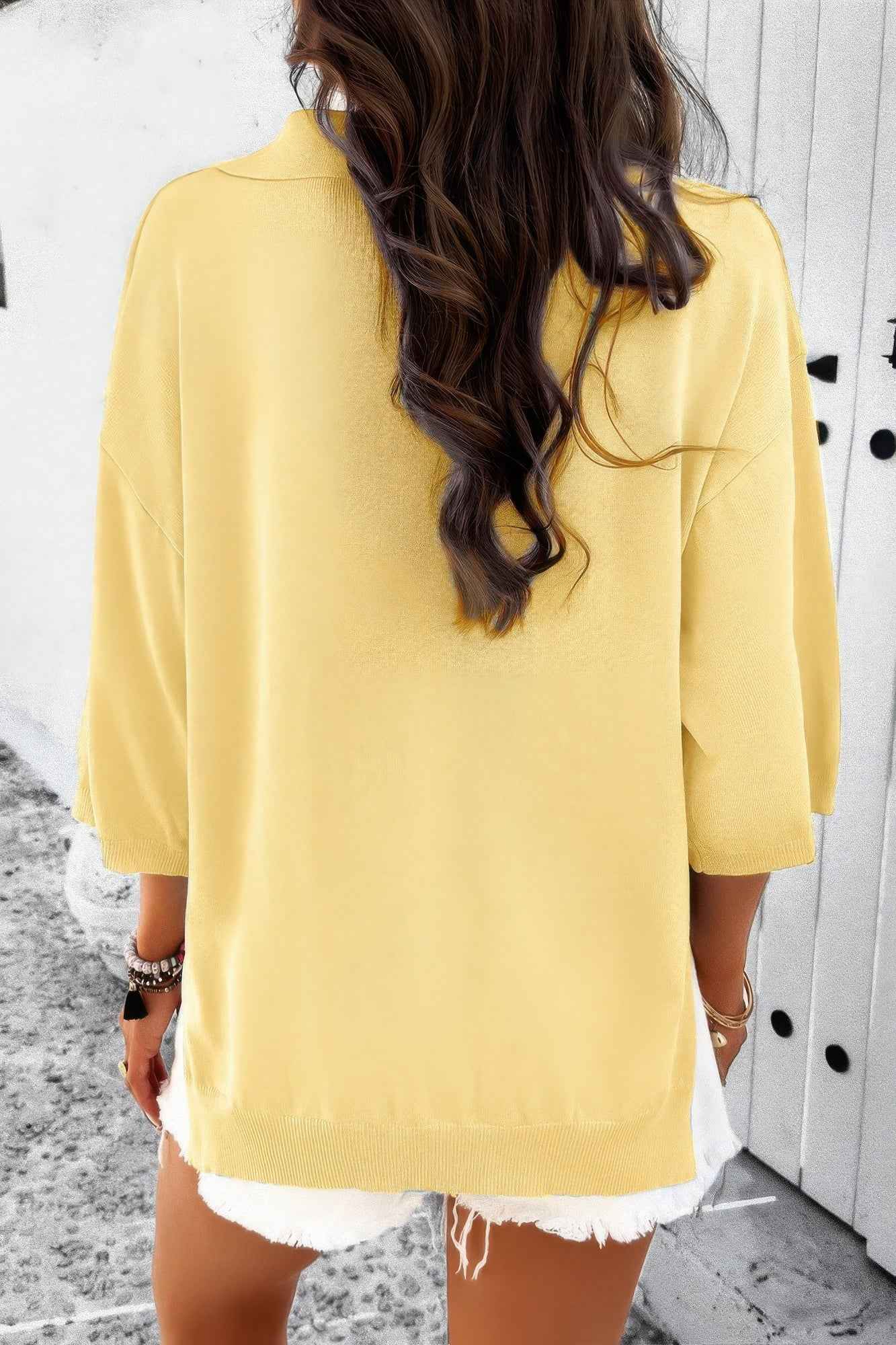 Solid Notched Collar V Neck Knit Short Sleeve Swea