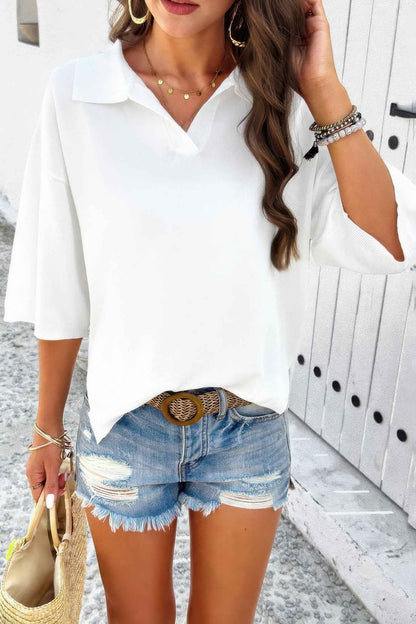 Solid Notched Collar V Neck Knit Short Sleeve Swea