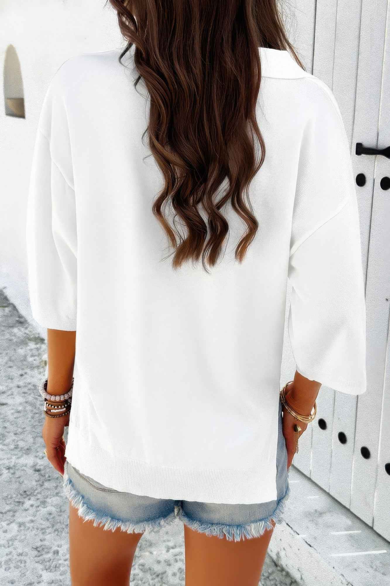 Solid Notched Collar V Neck Knit Short Sleeve Swea