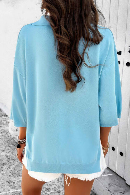 Solid Notched Collar V Neck Knit Short Sleeve Swea