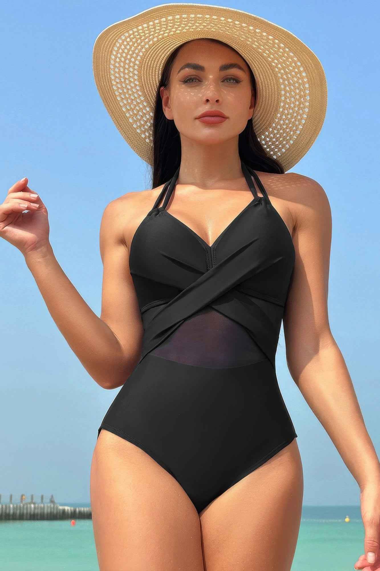 Color Block Halter Cross Lace One Piece Swimsuit