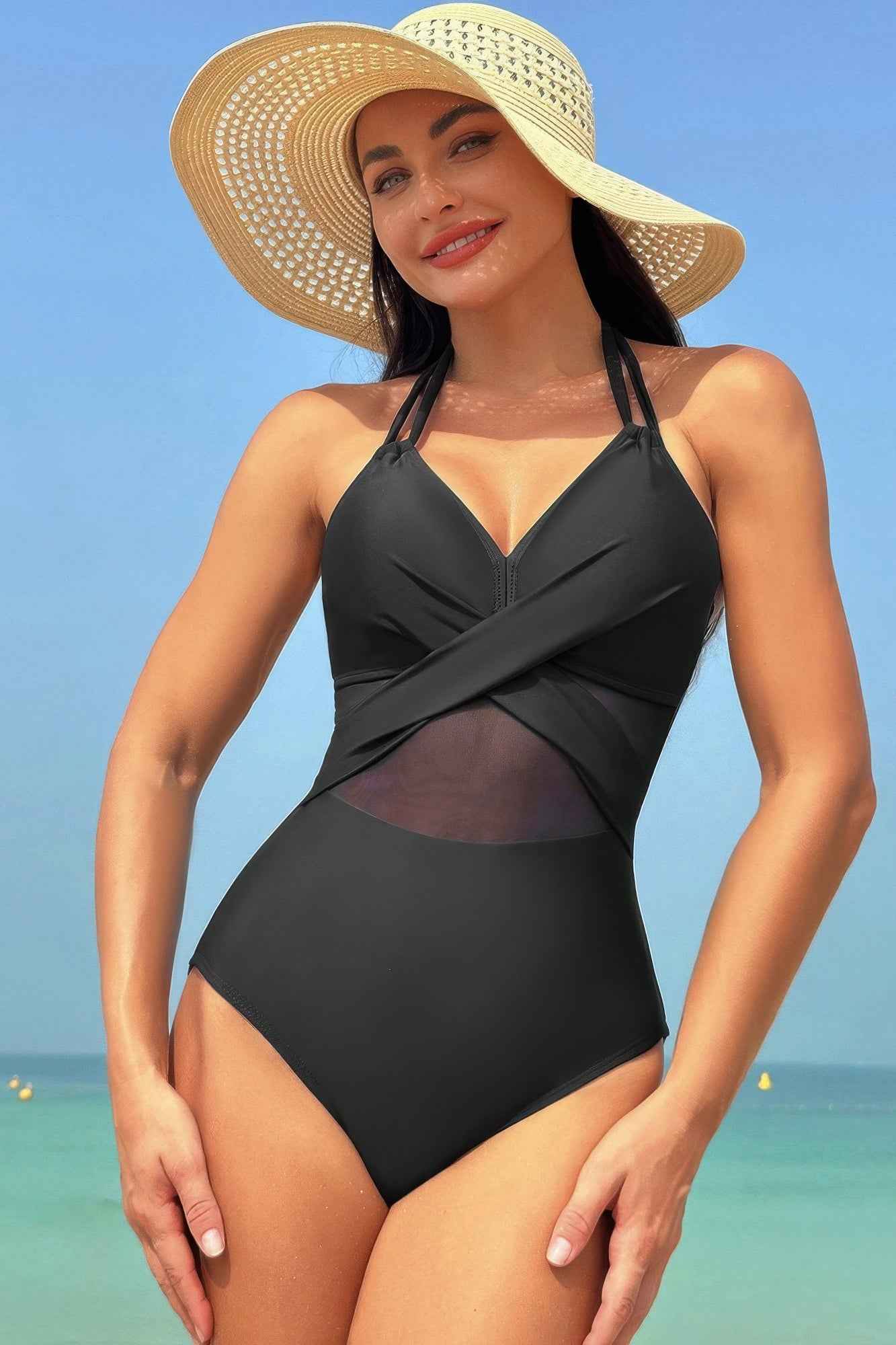 Color Block Halter Cross Lace One Piece Swimsuit