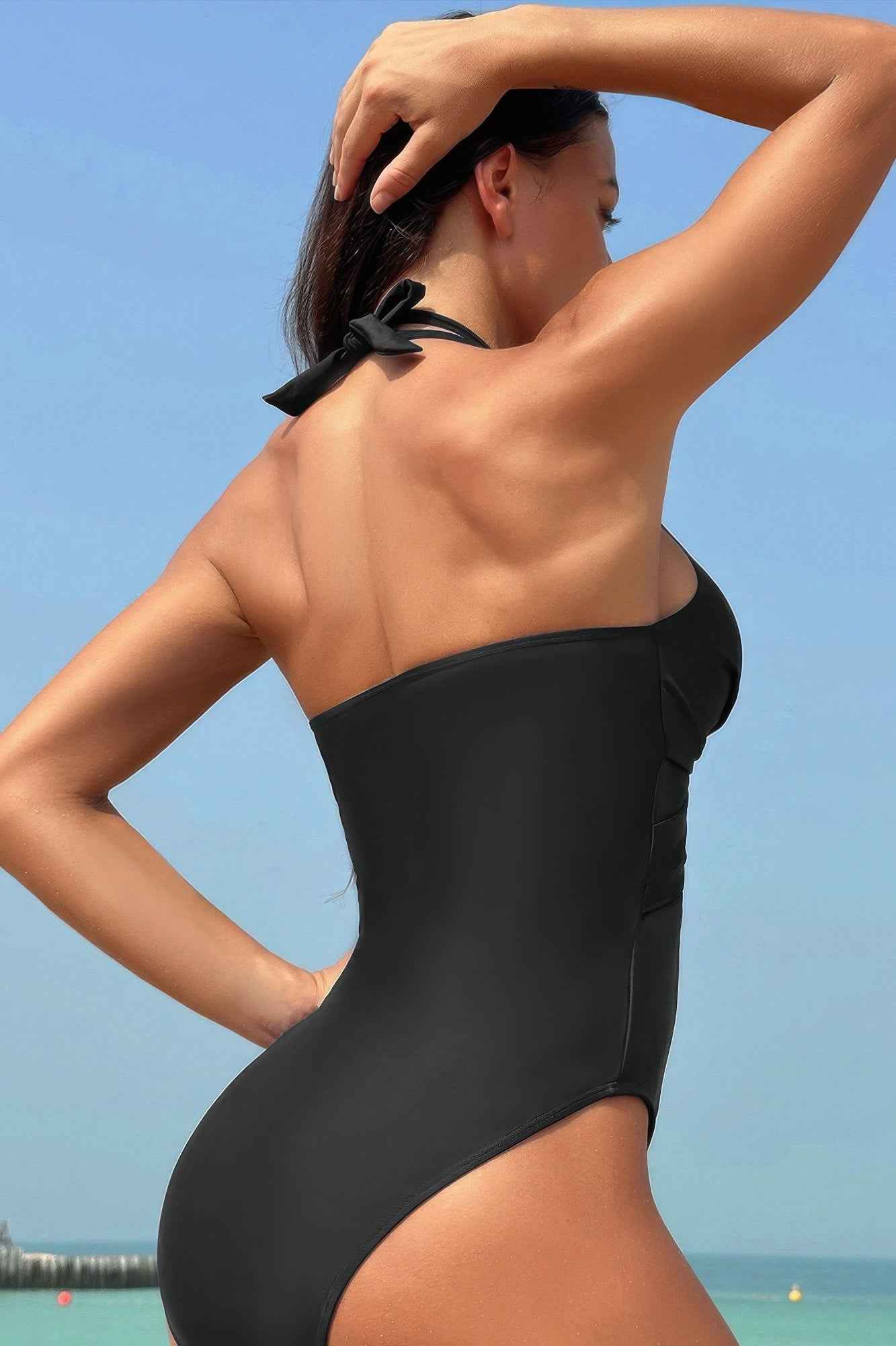 Color Block Halter Cross Lace One Piece Swimsuit