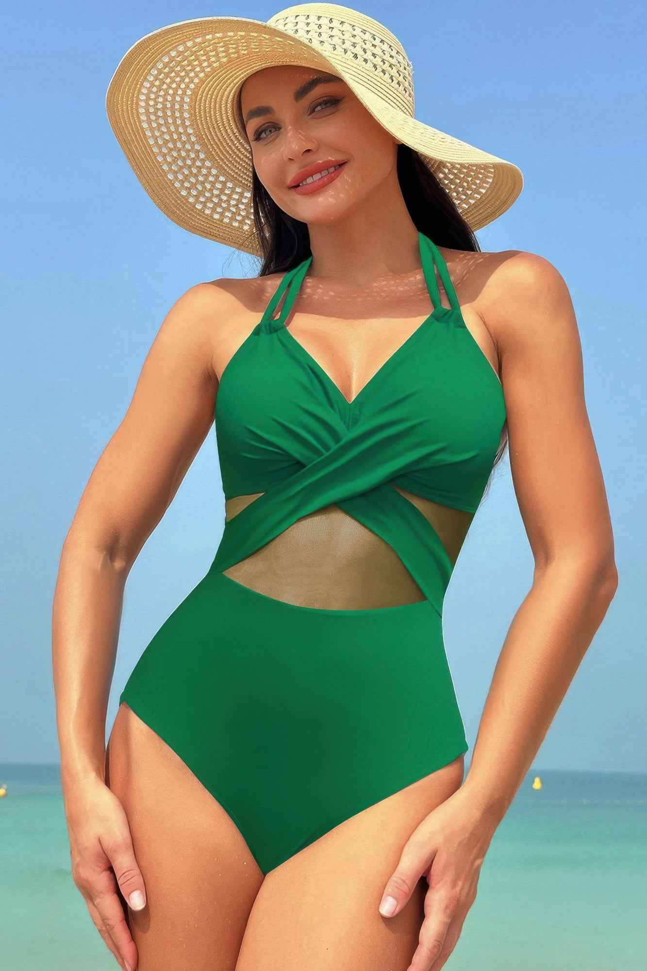 Color Block Halter Cross Lace One Piece Swimsuit