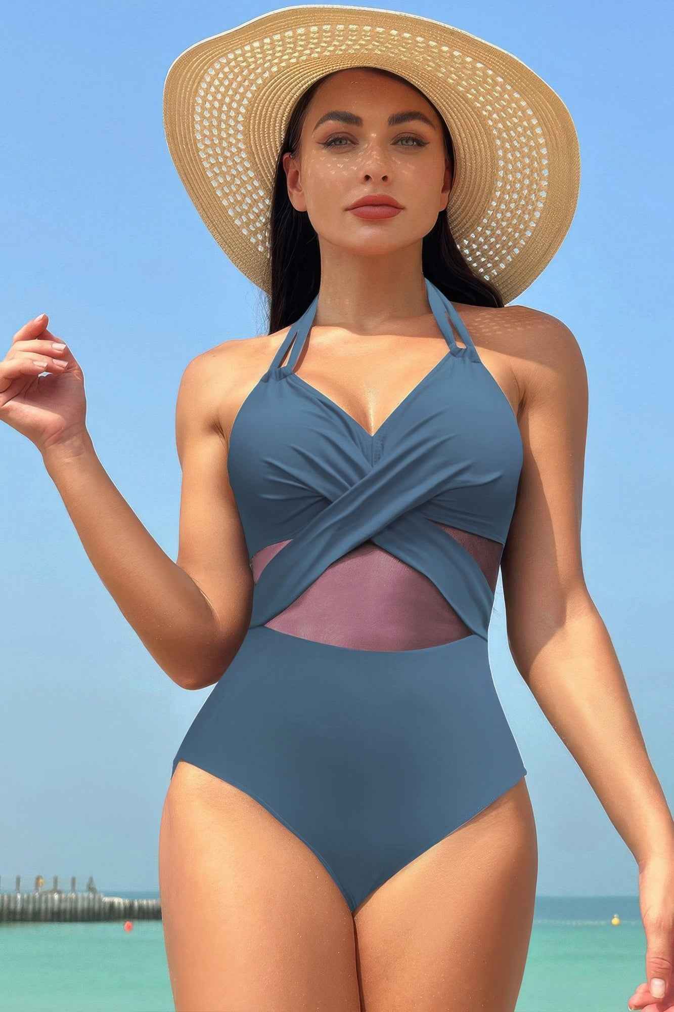 Color Block Halter Cross Lace One Piece Swimsuit