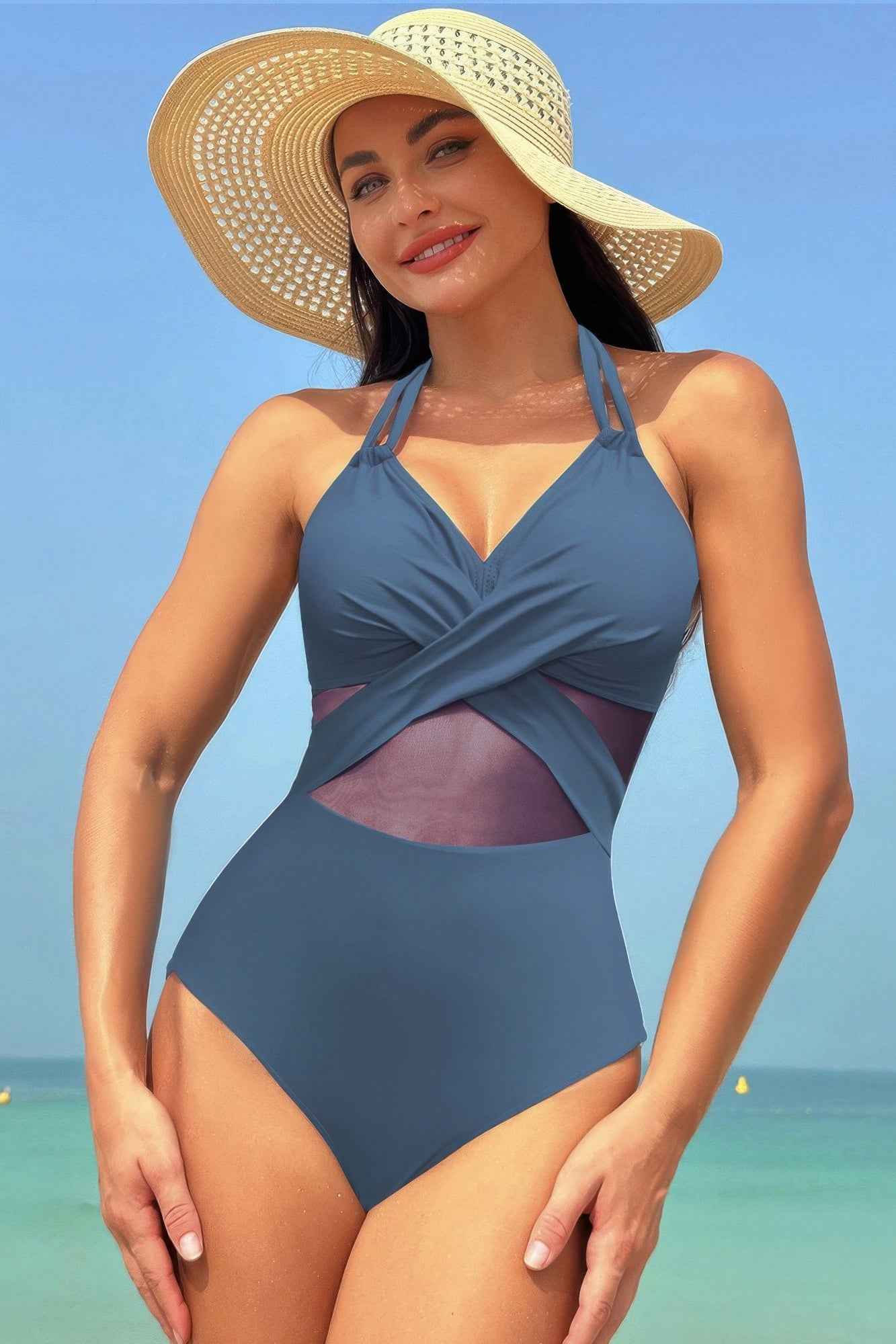 Color Block Halter Cross Lace One Piece Swimsuit