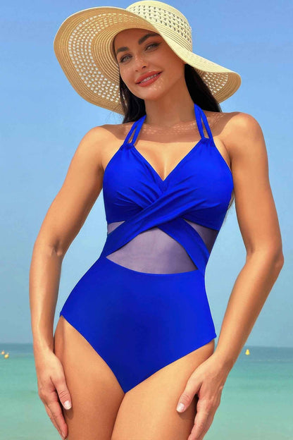 Color Block Halter Cross Lace One Piece Swimsuit