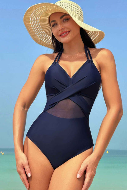 Color Block Halter Cross Lace One Piece Swimsuit