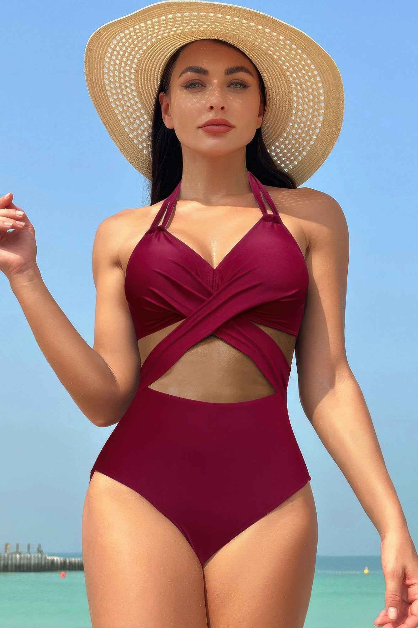 Color Block Halter Cross Lace One Piece Swimsuit