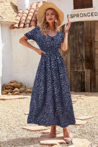 Allover Print Puff Sleeve Ruched Shirred Dress