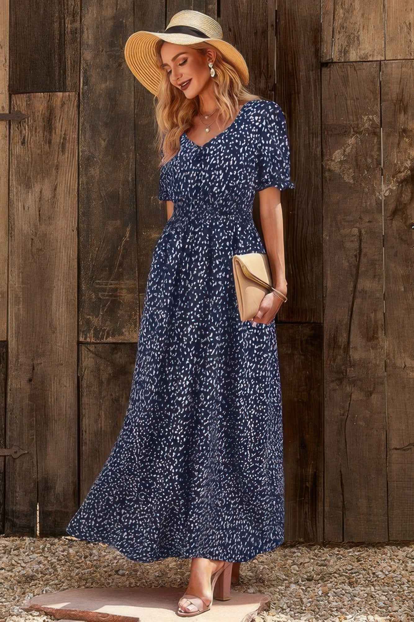 Allover Print Puff Sleeve Ruched Shirred Dress