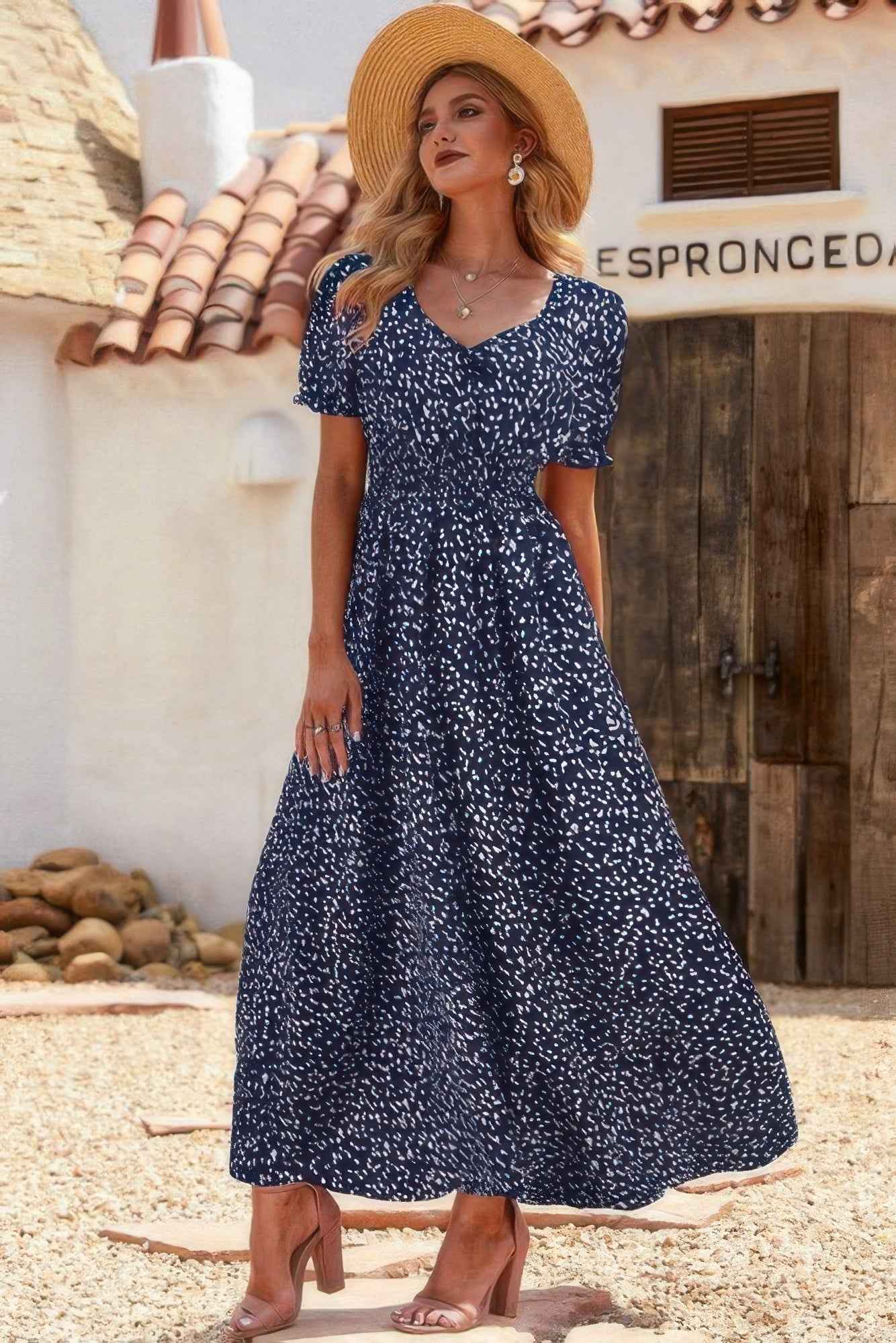 Allover Print Puff Sleeve Ruched Shirred Dress