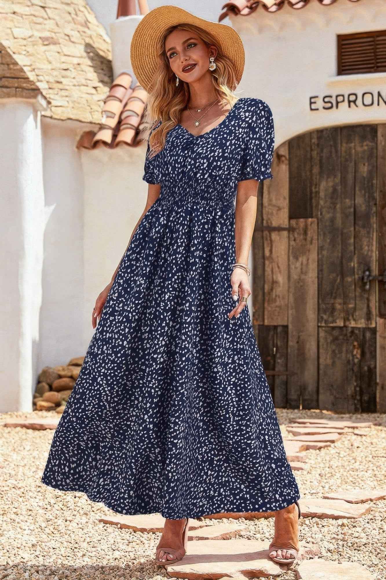 Allover Print Puff Sleeve Ruched Shirred Dress