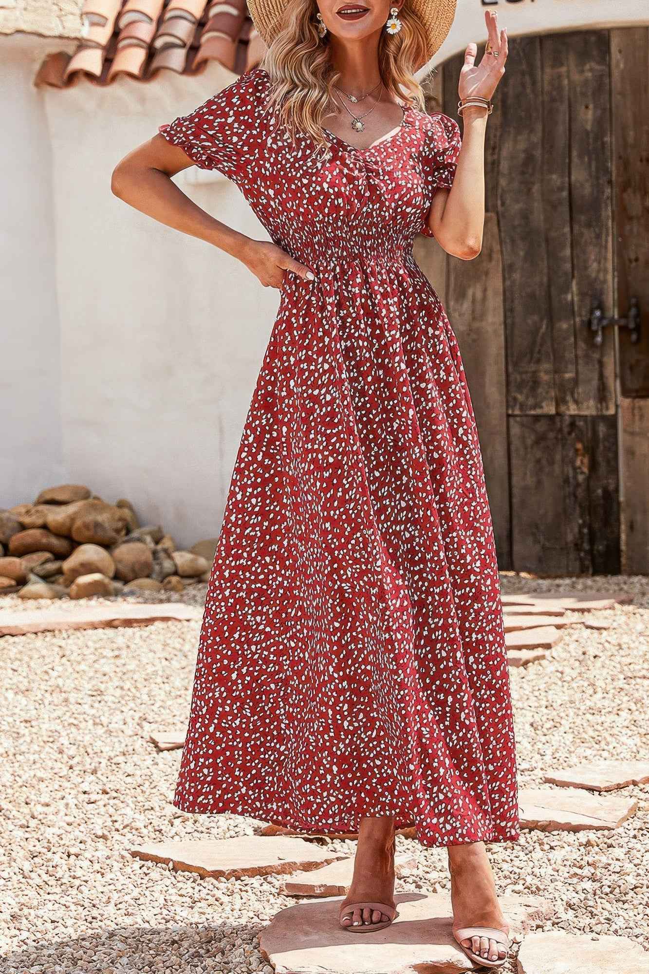 Allover Print Puff Sleeve Ruched Shirred Dress