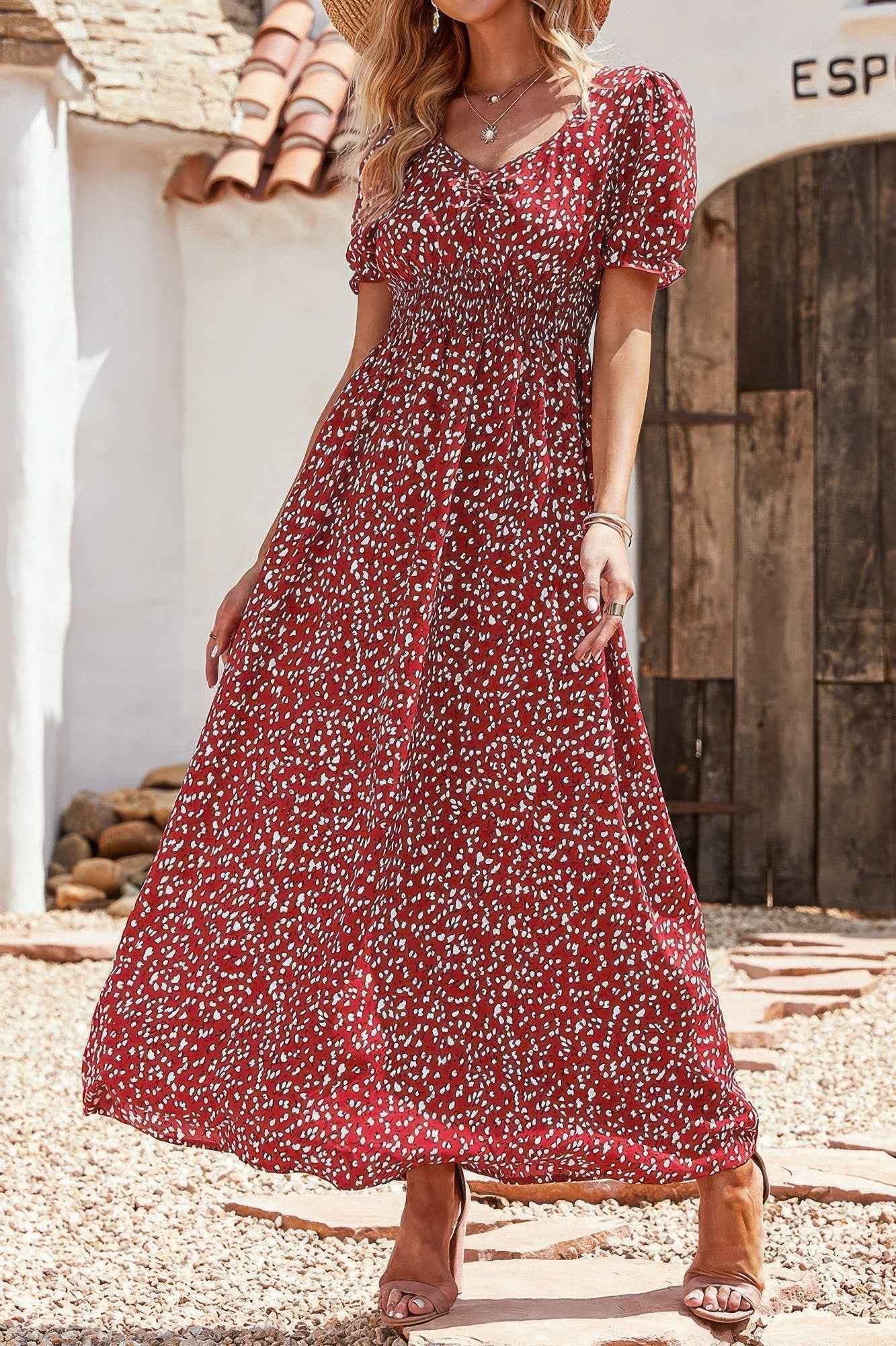 Allover Print Puff Sleeve Ruched Shirred Dress