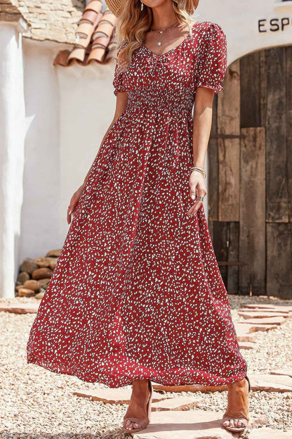 Allover Print Puff Sleeve Ruched Shirred Dress