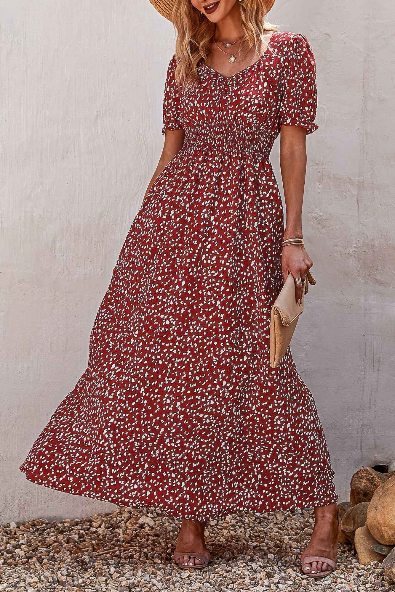 Allover Print Puff Sleeve Ruched Shirred Dress