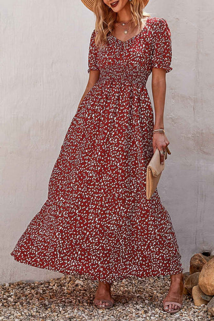 Allover Print Puff Sleeve Ruched Shirred Dress