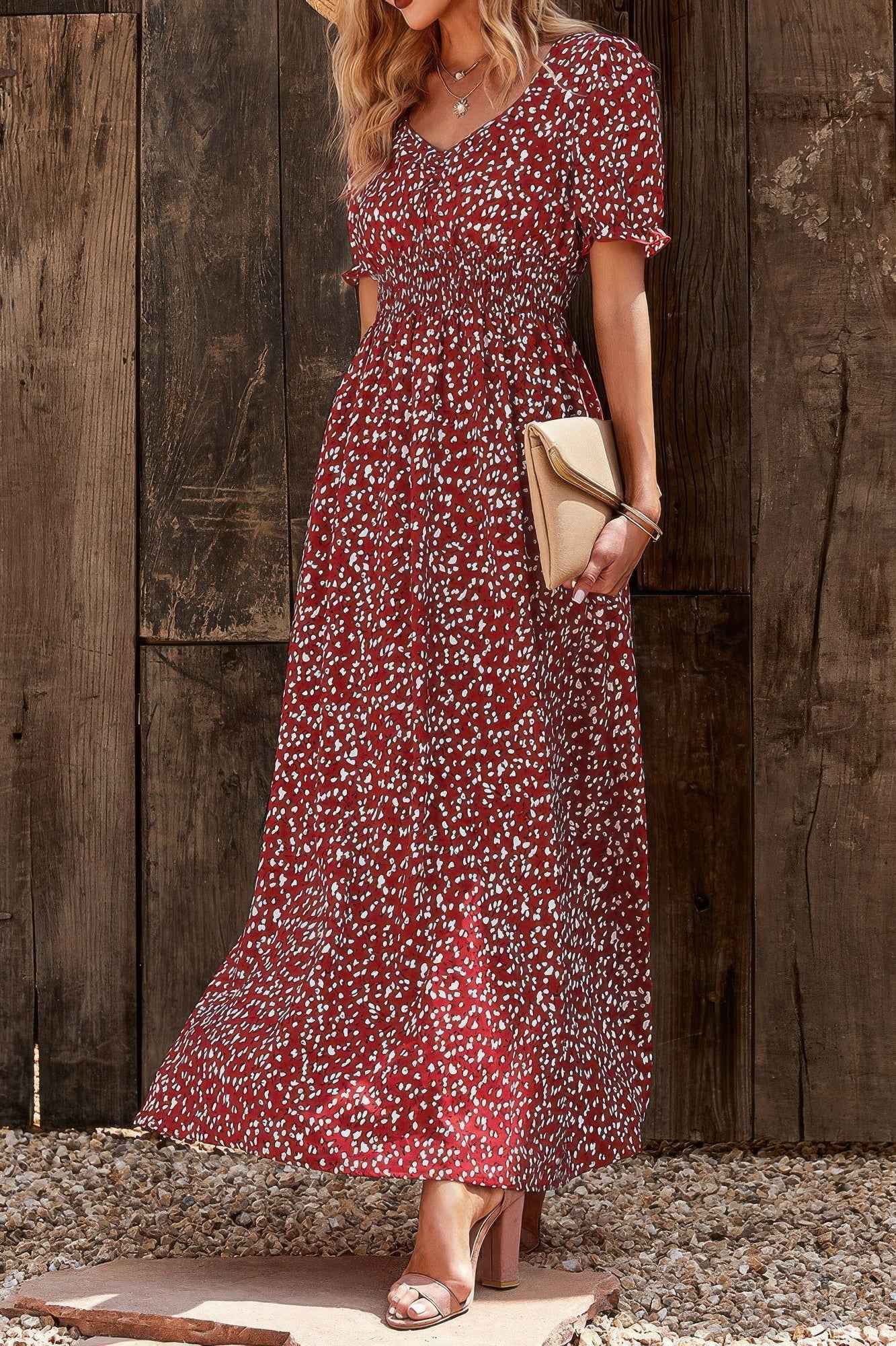 Allover Print Puff Sleeve Ruched Shirred Dress