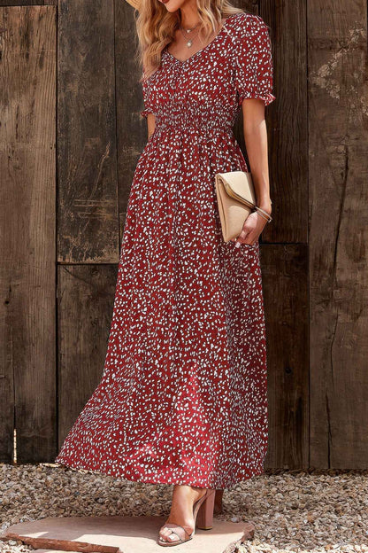 Allover Print Puff Sleeve Ruched Shirred Dress