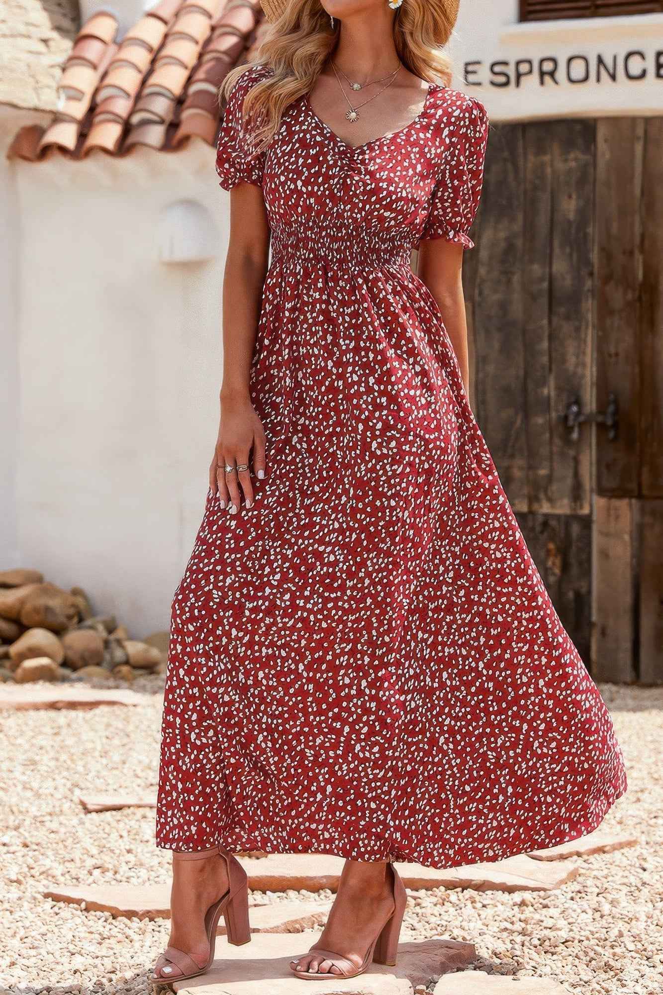 Allover Print Puff Sleeve Ruched Shirred Dress