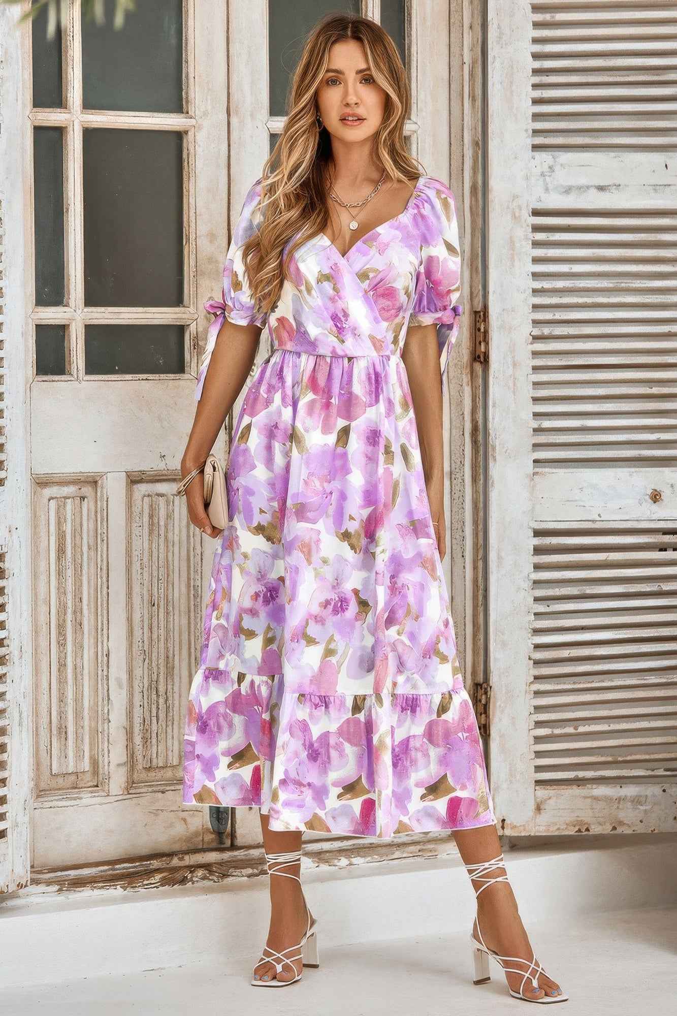 Floral Paint Short Sleeve Tie Cuff Surplice Dress