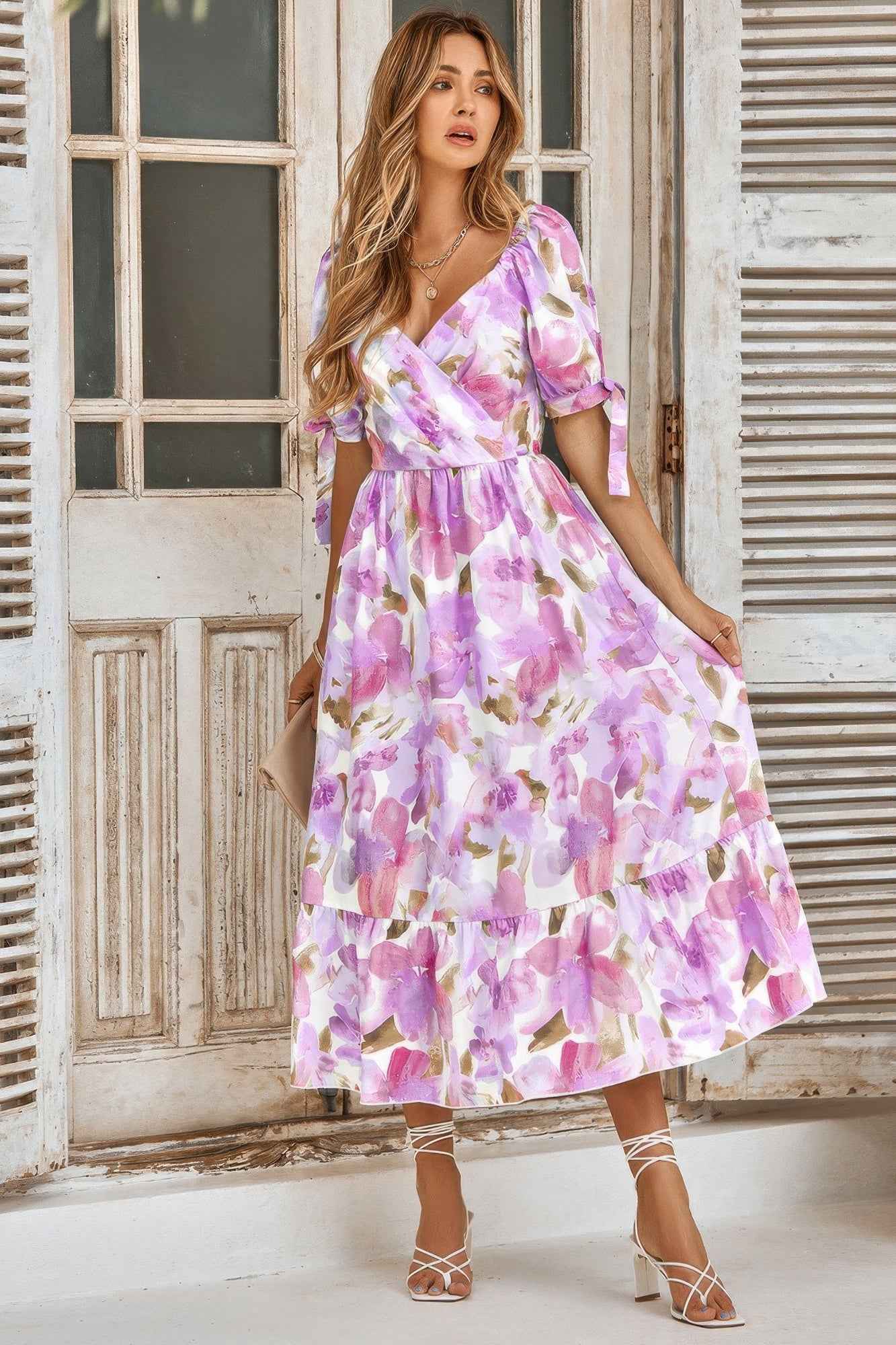 Floral Paint Short Sleeve Tie Cuff Surplice Dress
