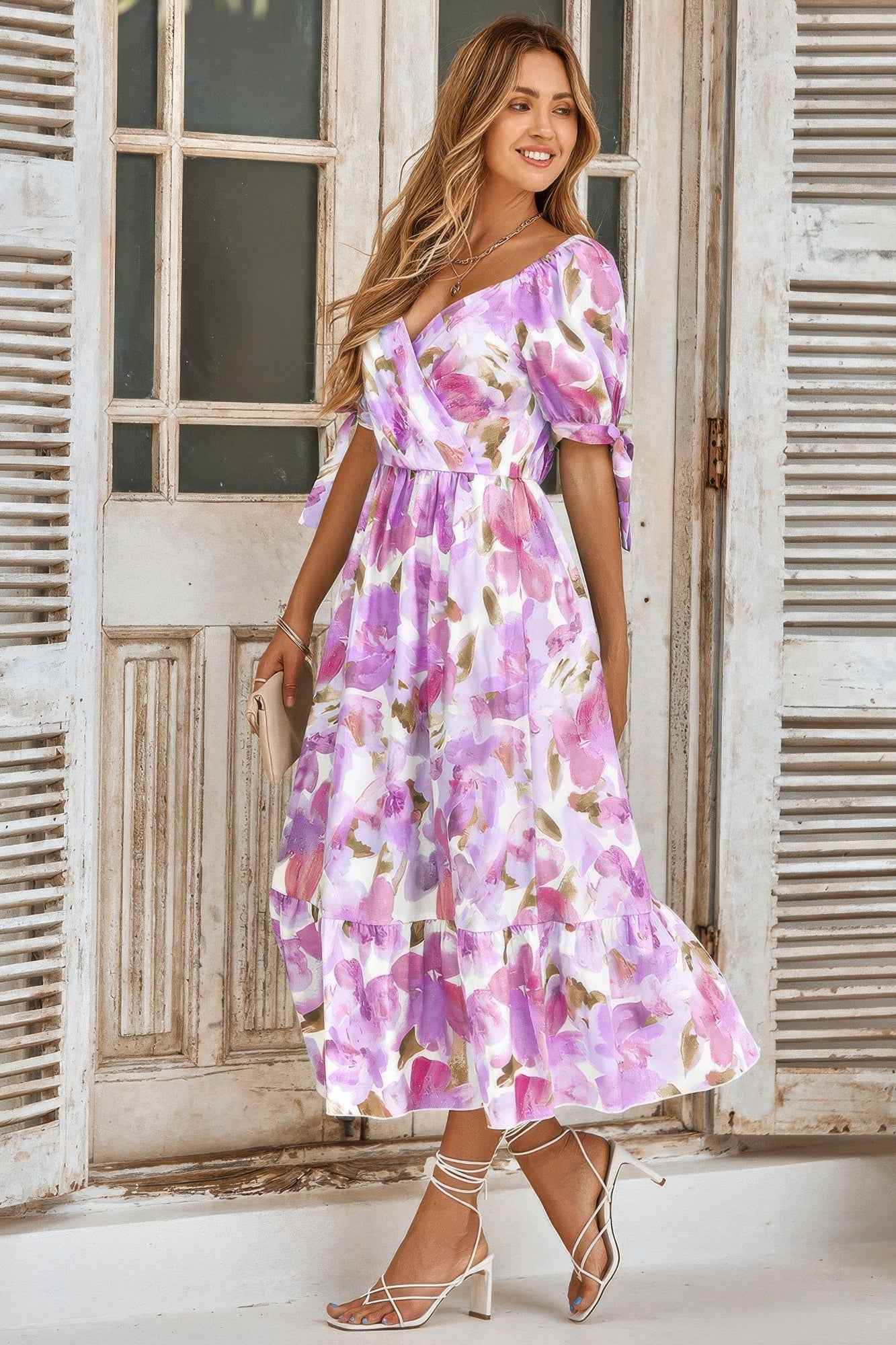 Floral Paint Short Sleeve Tie Cuff Surplice Dress