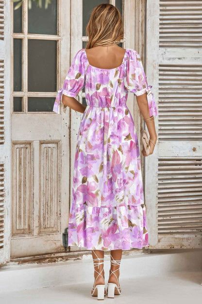 Floral Paint Short Sleeve Tie Cuff Surplice Dress