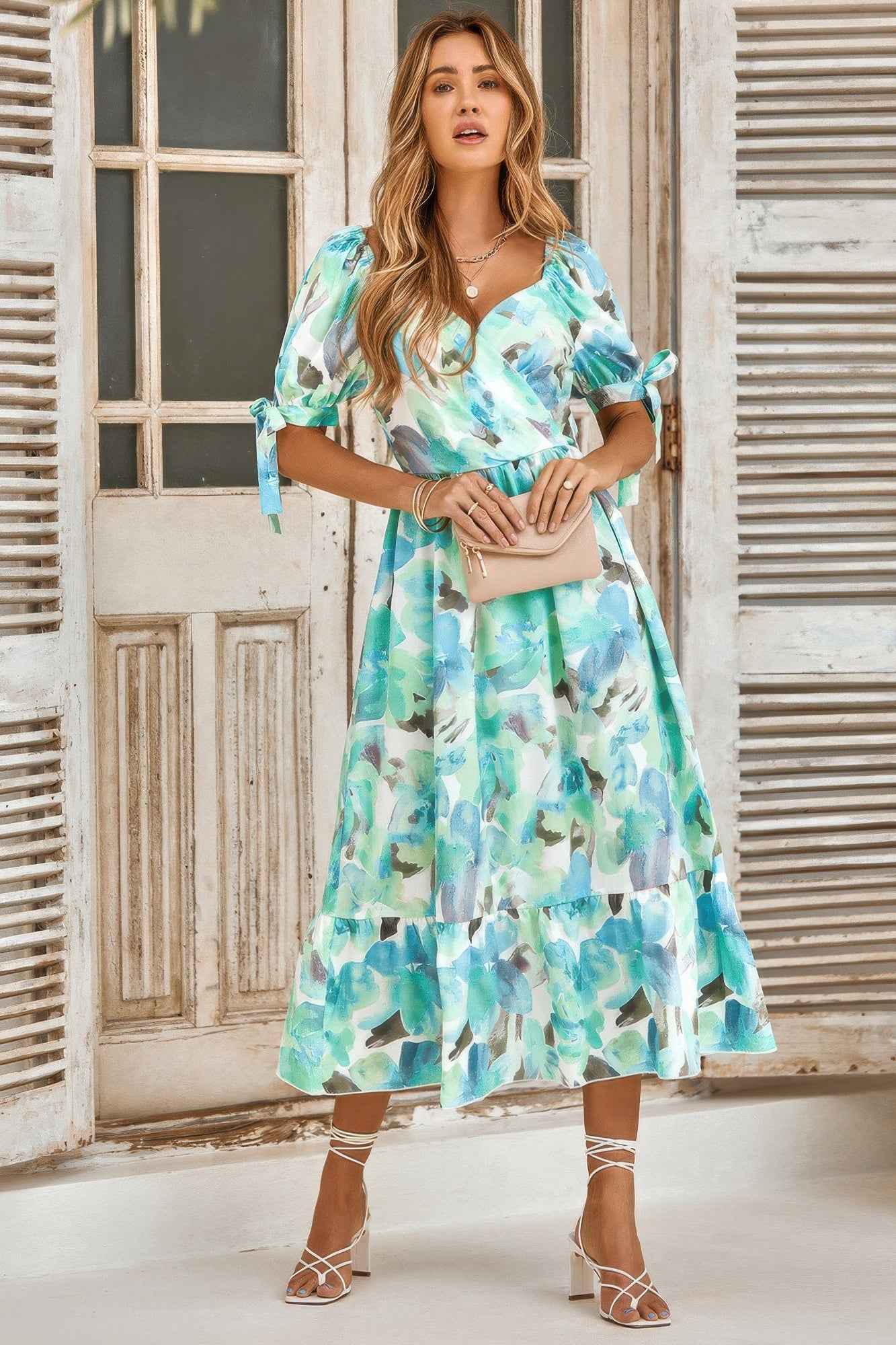 Floral Paint Short Sleeve Tie Cuff Surplice Dress