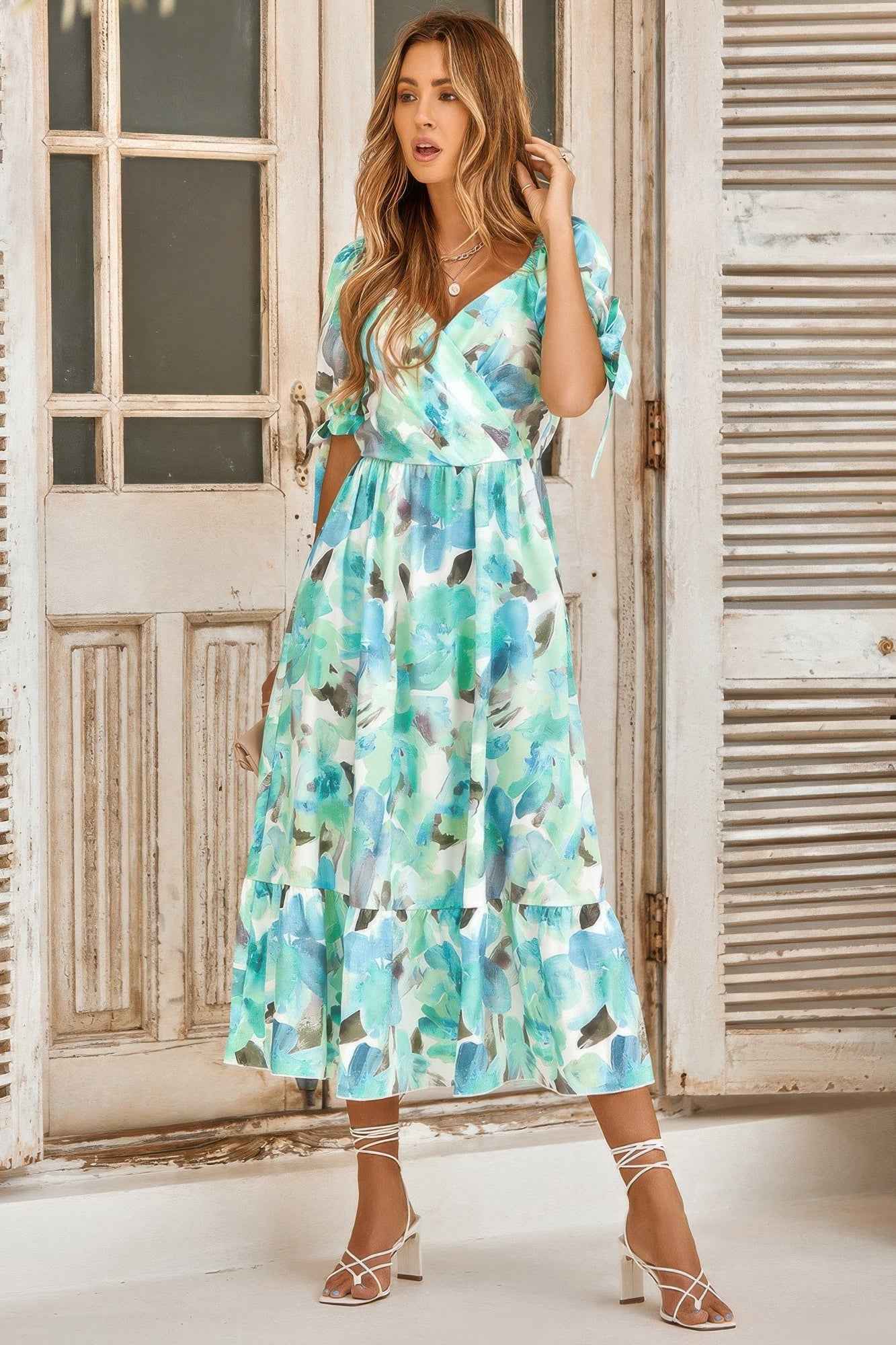 Floral Paint Short Sleeve Tie Cuff Surplice Dress