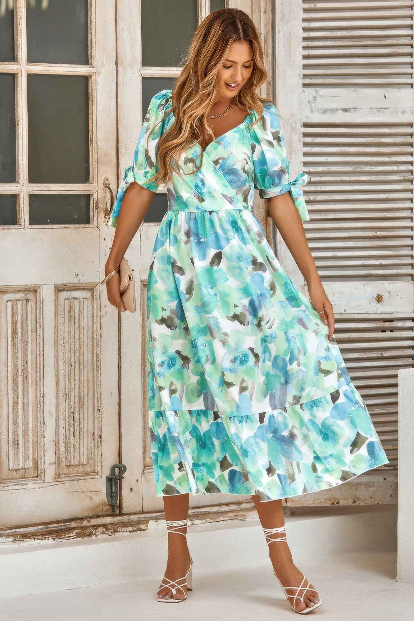 Floral Paint Short Sleeve Tie Cuff Surplice Dress