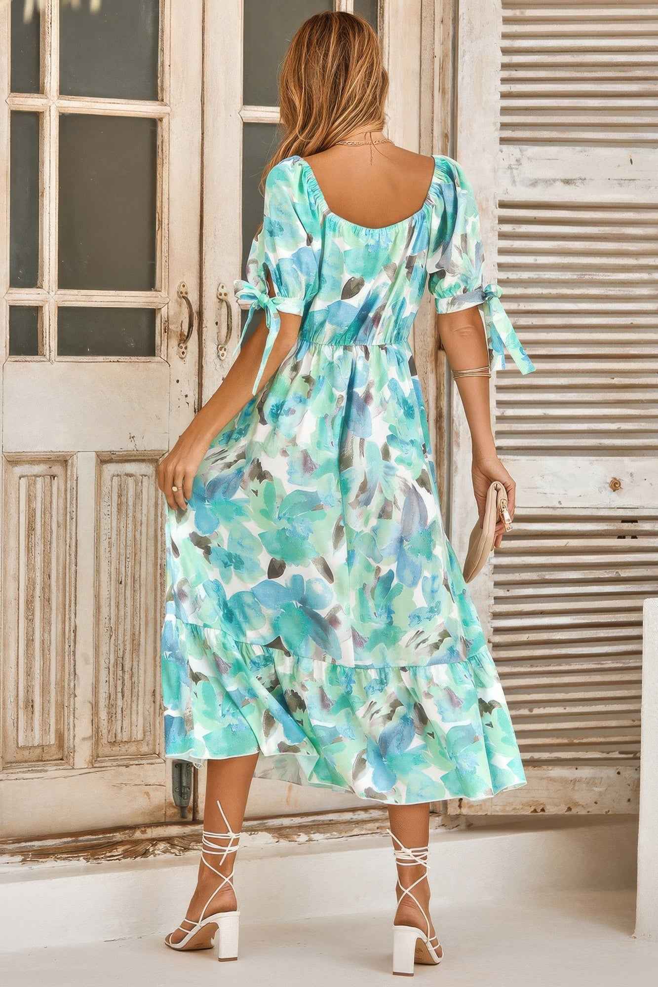Floral Paint Short Sleeve Tie Cuff Surplice Dress