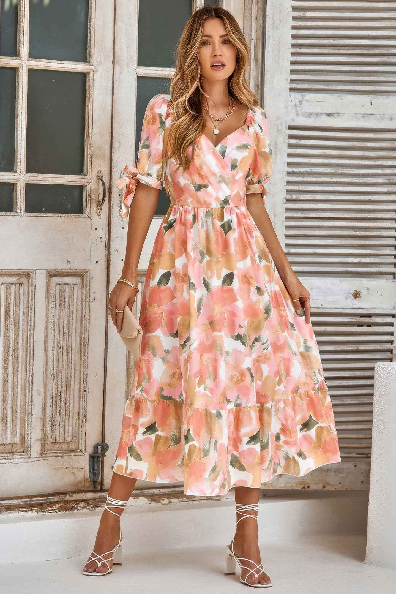 Floral Paint Short Sleeve Tie Cuff Surplice Dress