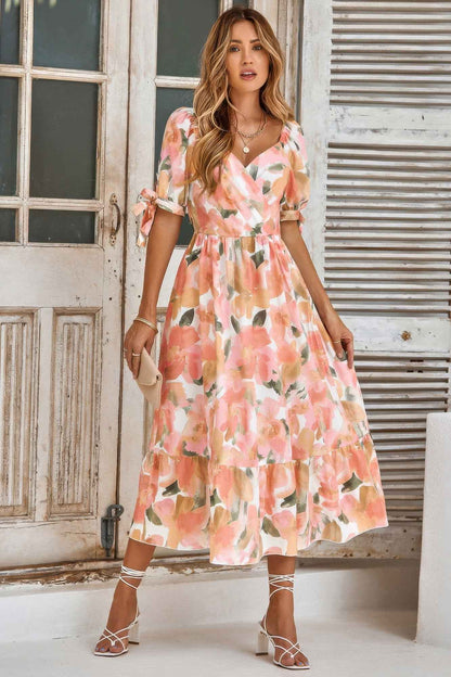 Floral Paint Short Sleeve Tie Cuff Surplice Dress