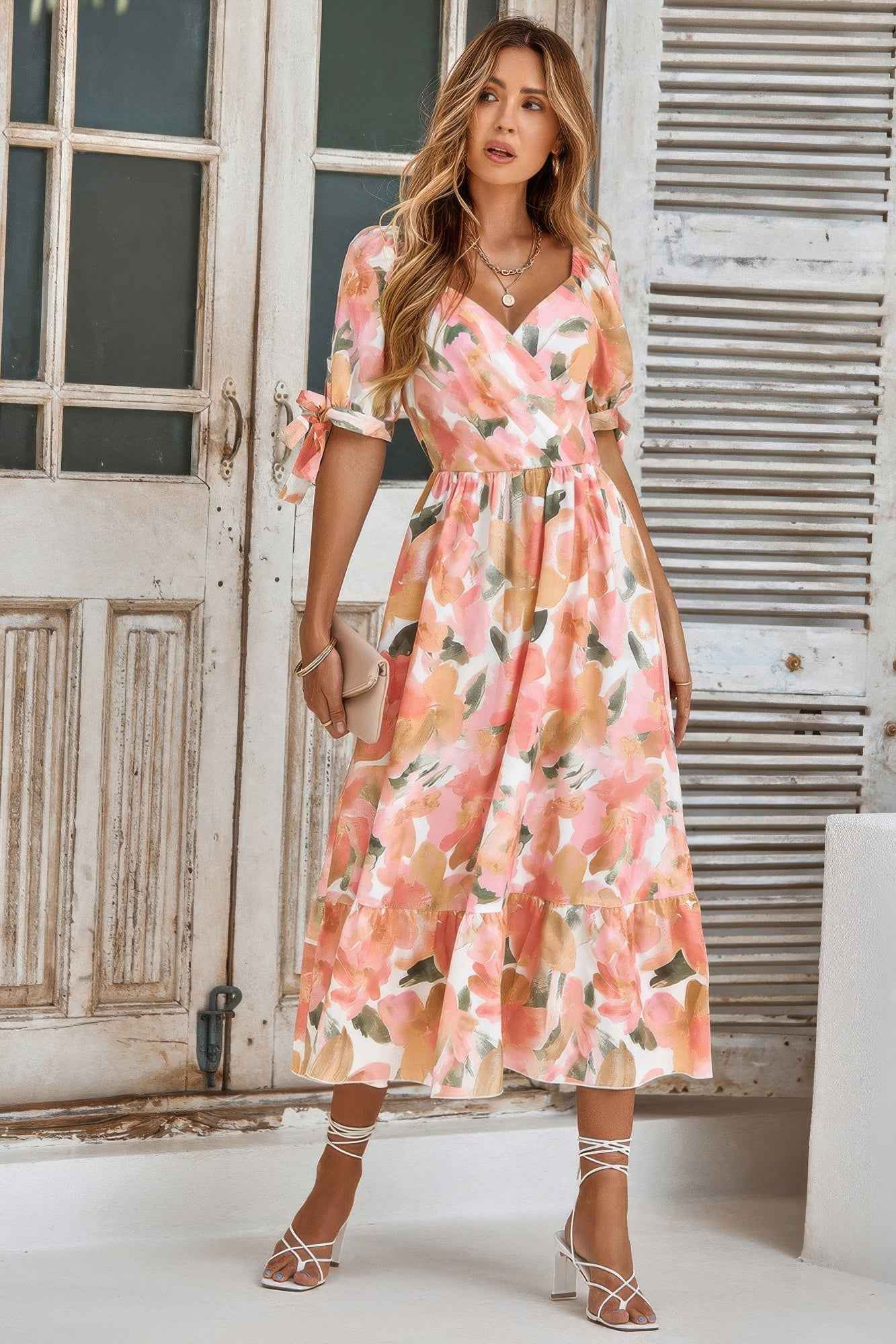 Floral Paint Short Sleeve Tie Cuff Surplice Dress