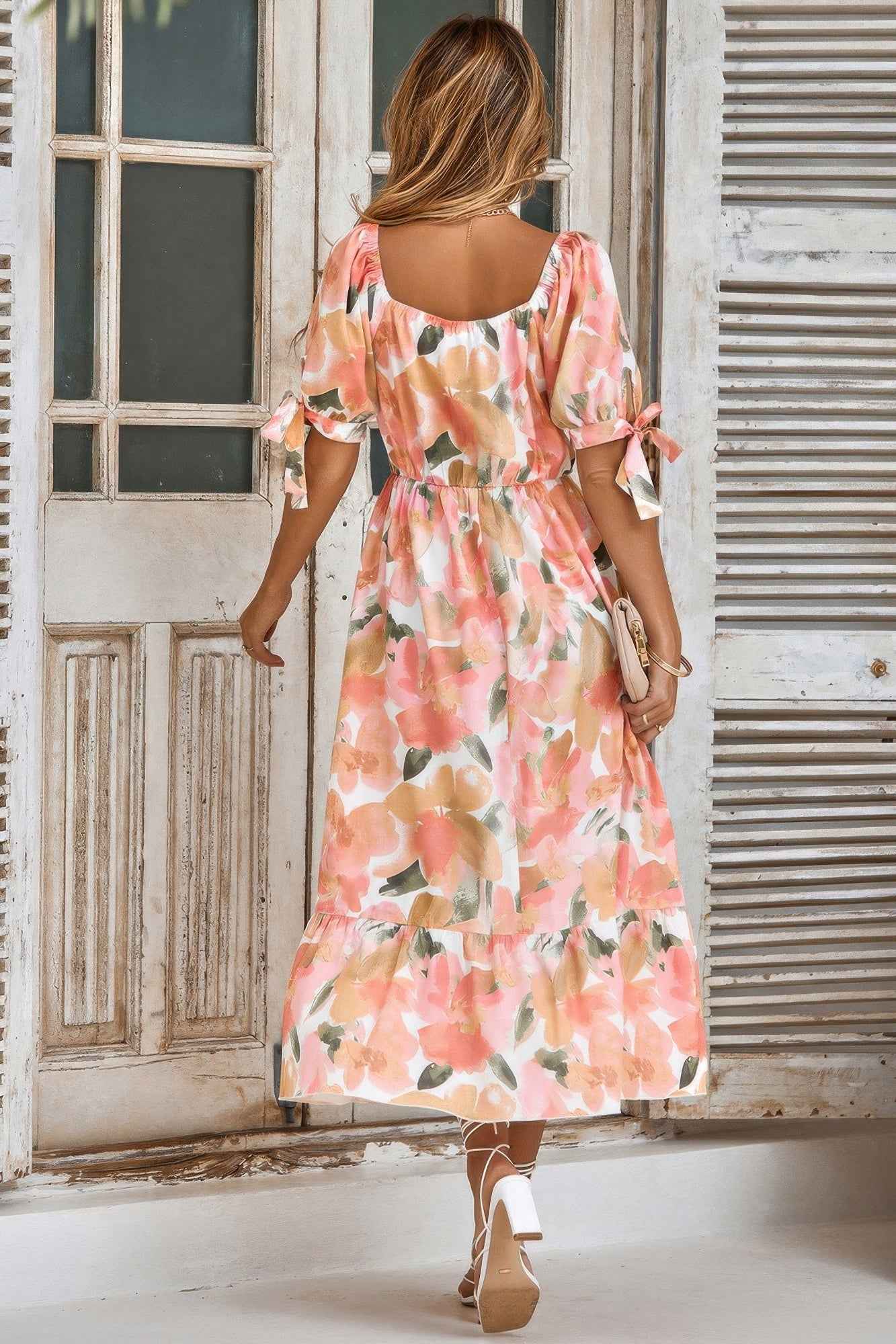 Floral Paint Short Sleeve Tie Cuff Surplice Dress