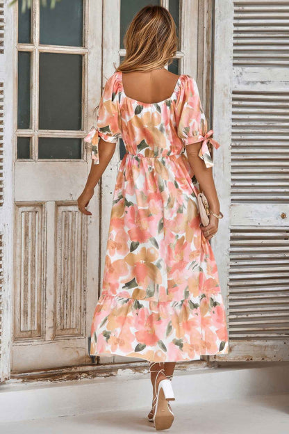 Floral Paint Short Sleeve Tie Cuff Surplice Dress