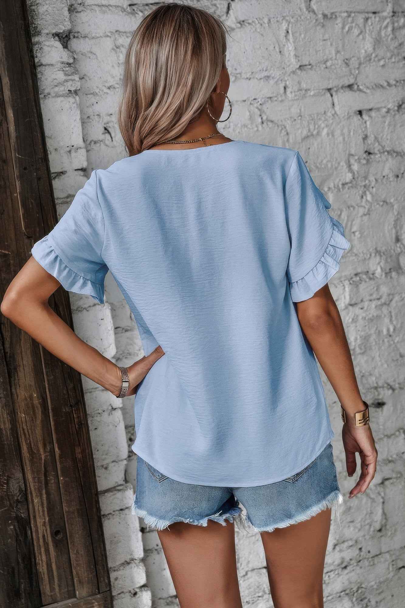 Ruffle Solid V Neck Short Sleeve Tunic Shirt