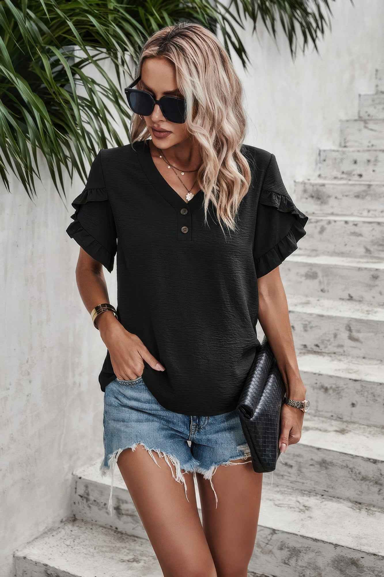 Ruffle Solid V Neck Short Sleeve Tunic Shirt