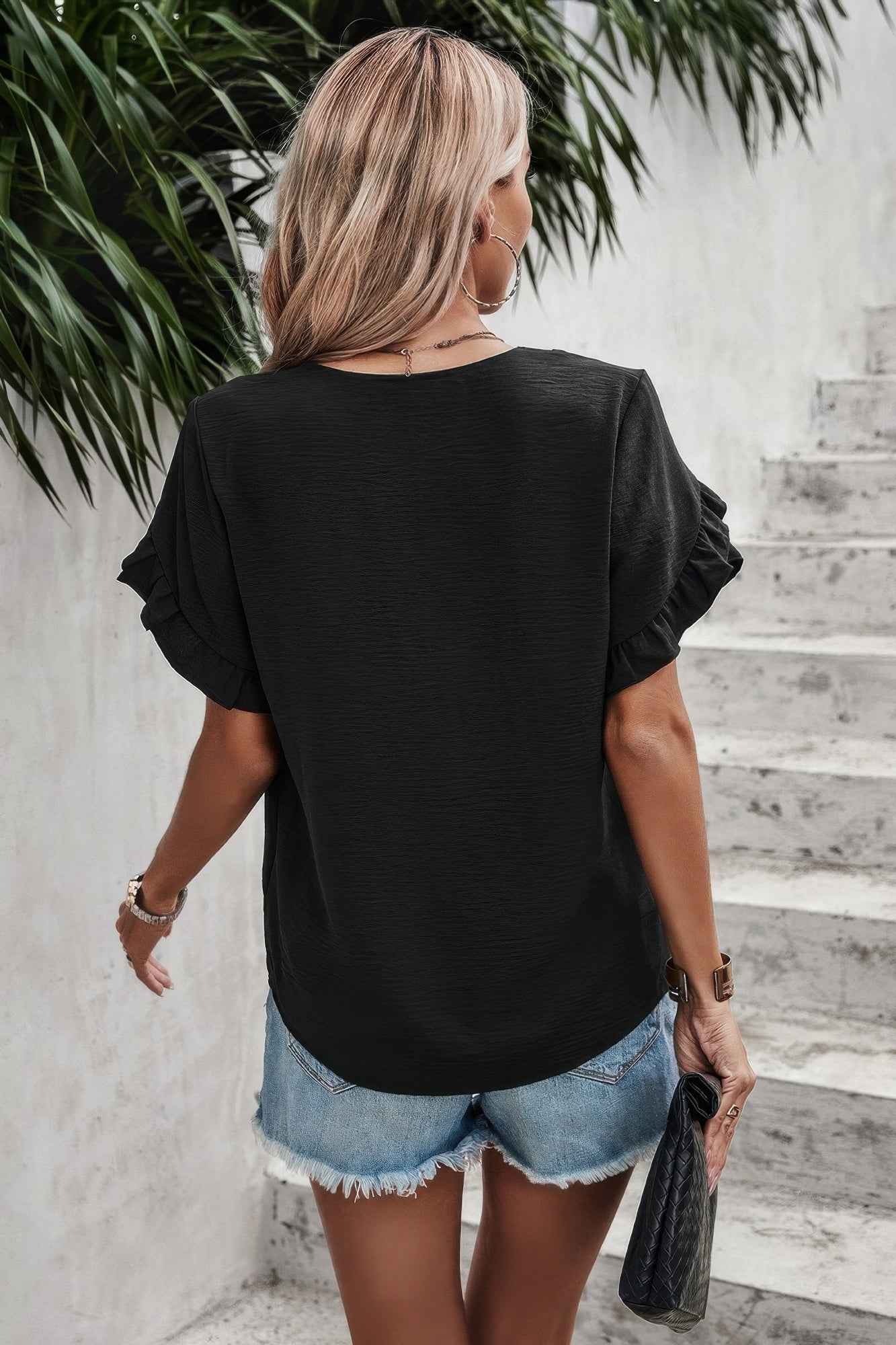 Ruffle Solid V Neck Short Sleeve Tunic Shirt