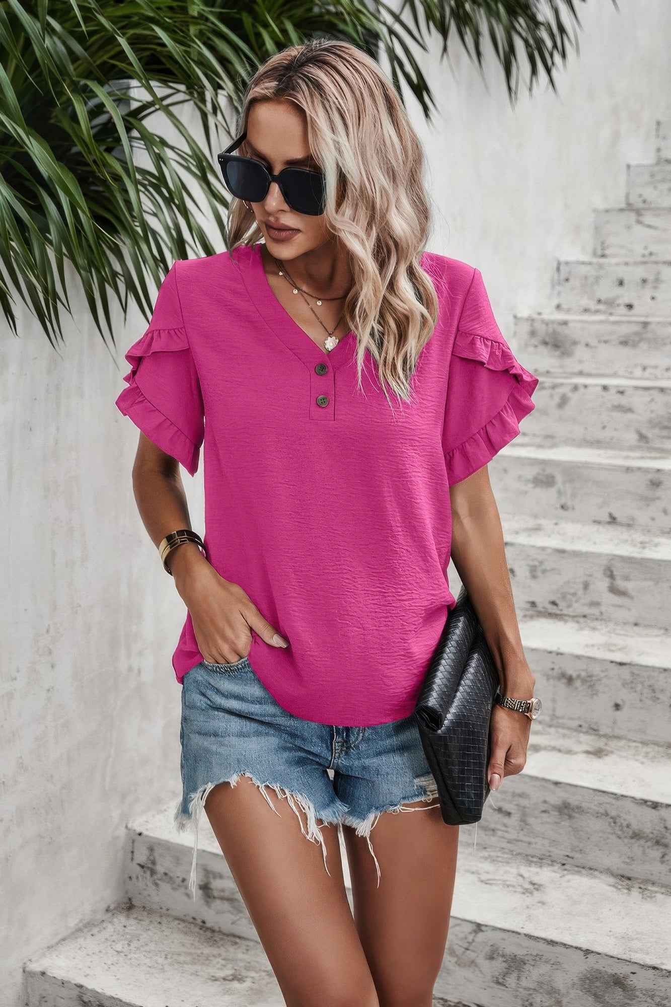 Ruffle Solid V Neck Short Sleeve Tunic Shirt